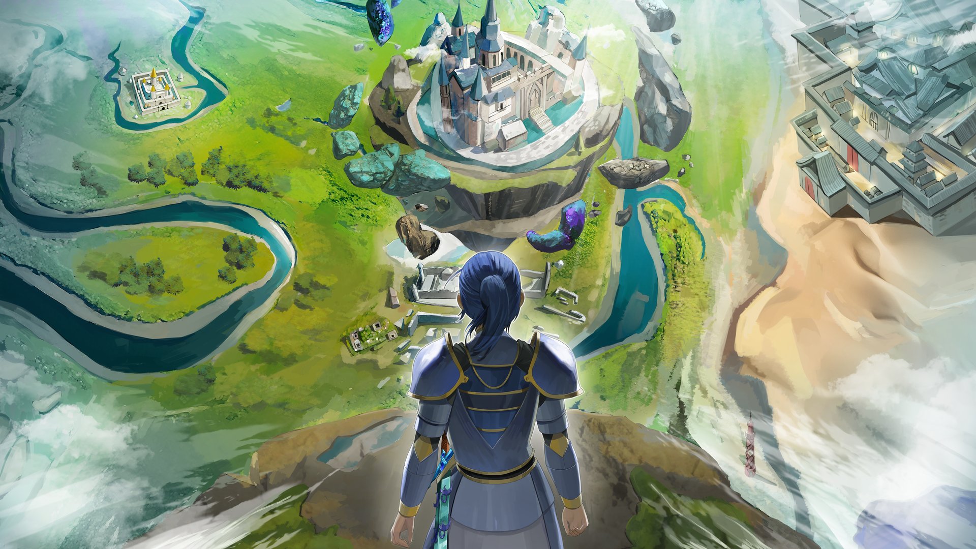 Un personaggio in armatura blu, di spalle, osserva dall'alto un vasto continente verde attraversato da fiumi, con isole rocciose e un castello sospeso nel cielo.