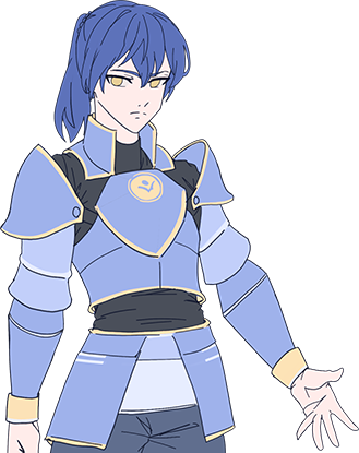 Yato in armatura blu con rifiniture dorate, capelli blu raccolti e occhi dorati.