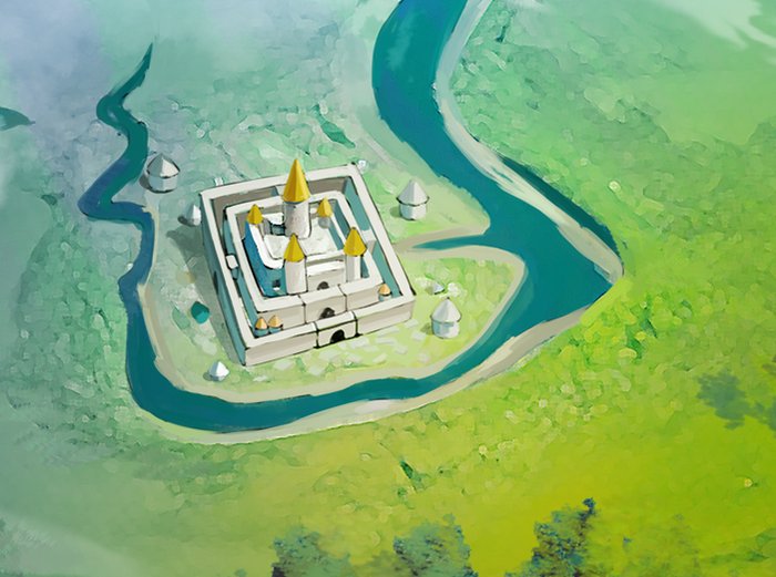 Giarogia: una fortezza dalle torri con guglie dorate, circondata da un fossato e da un fiume che serpeggia in una piana verde.